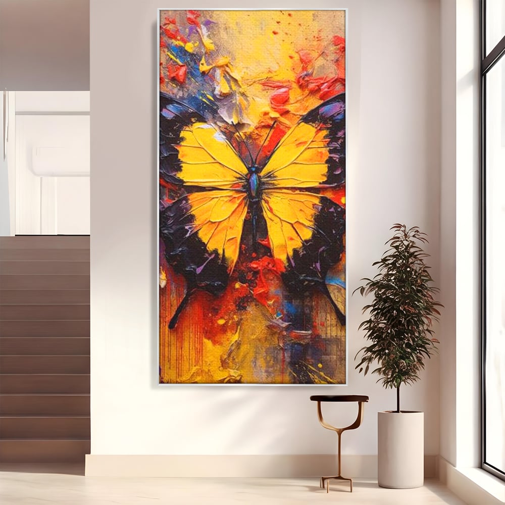 Tablou canvas cu pictura cu fluture galben, in rama de aluminiu argintiu